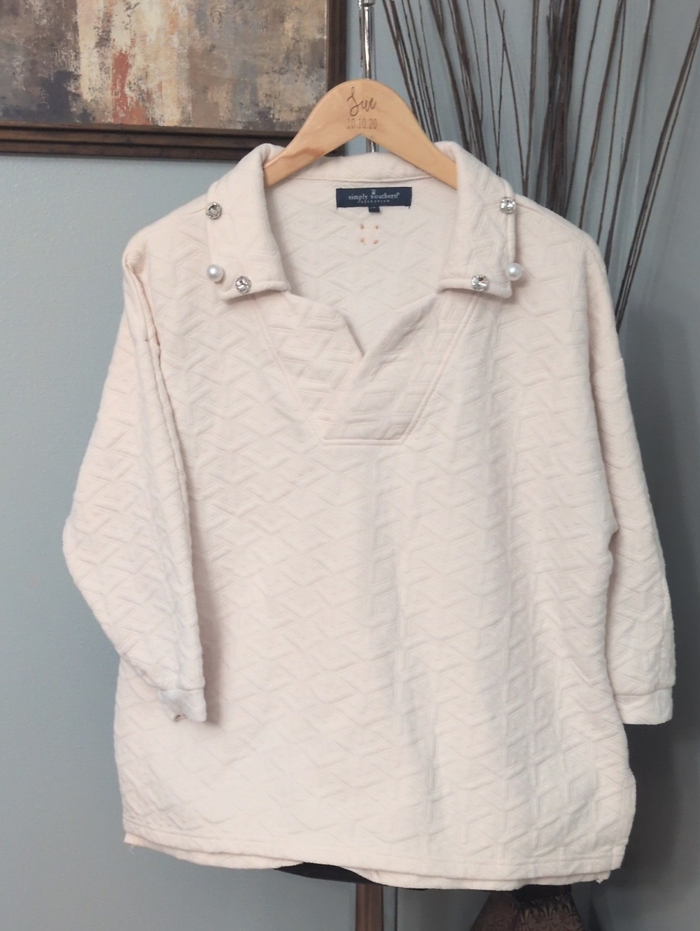 Simply Southern Cream Quilted Pullover with Pearl & Rhinestone Collar